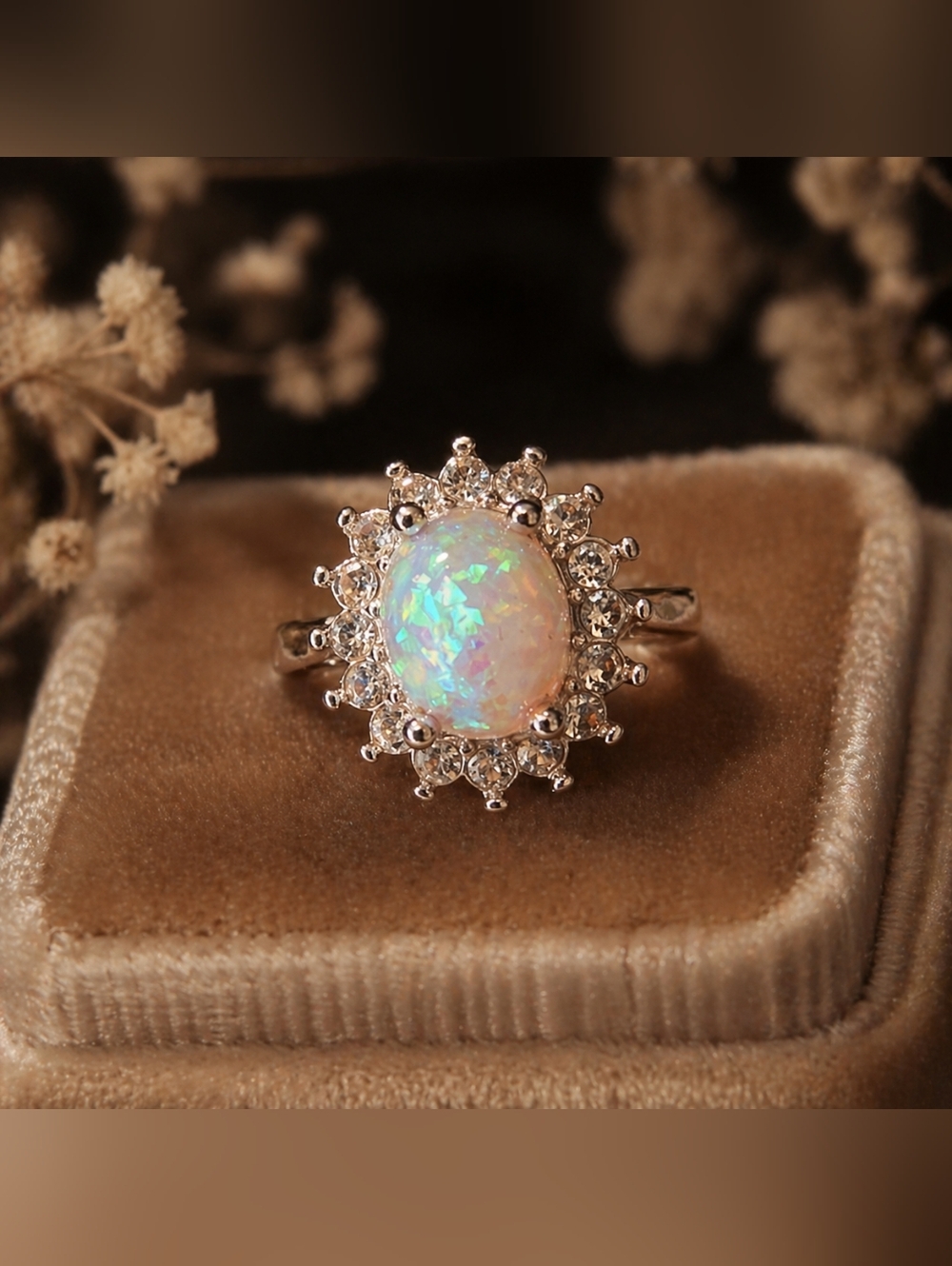 Sterling Silver Opal Halo Ring - Size 7